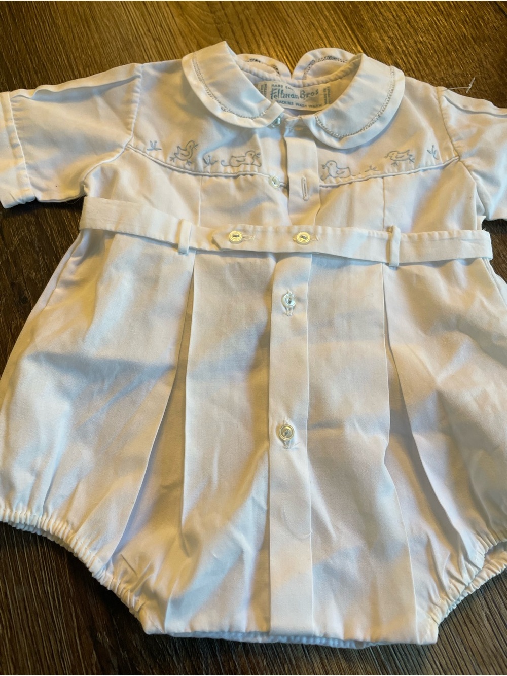 Vintage felt man brothers White Baby Romper with Duck Embroidery
